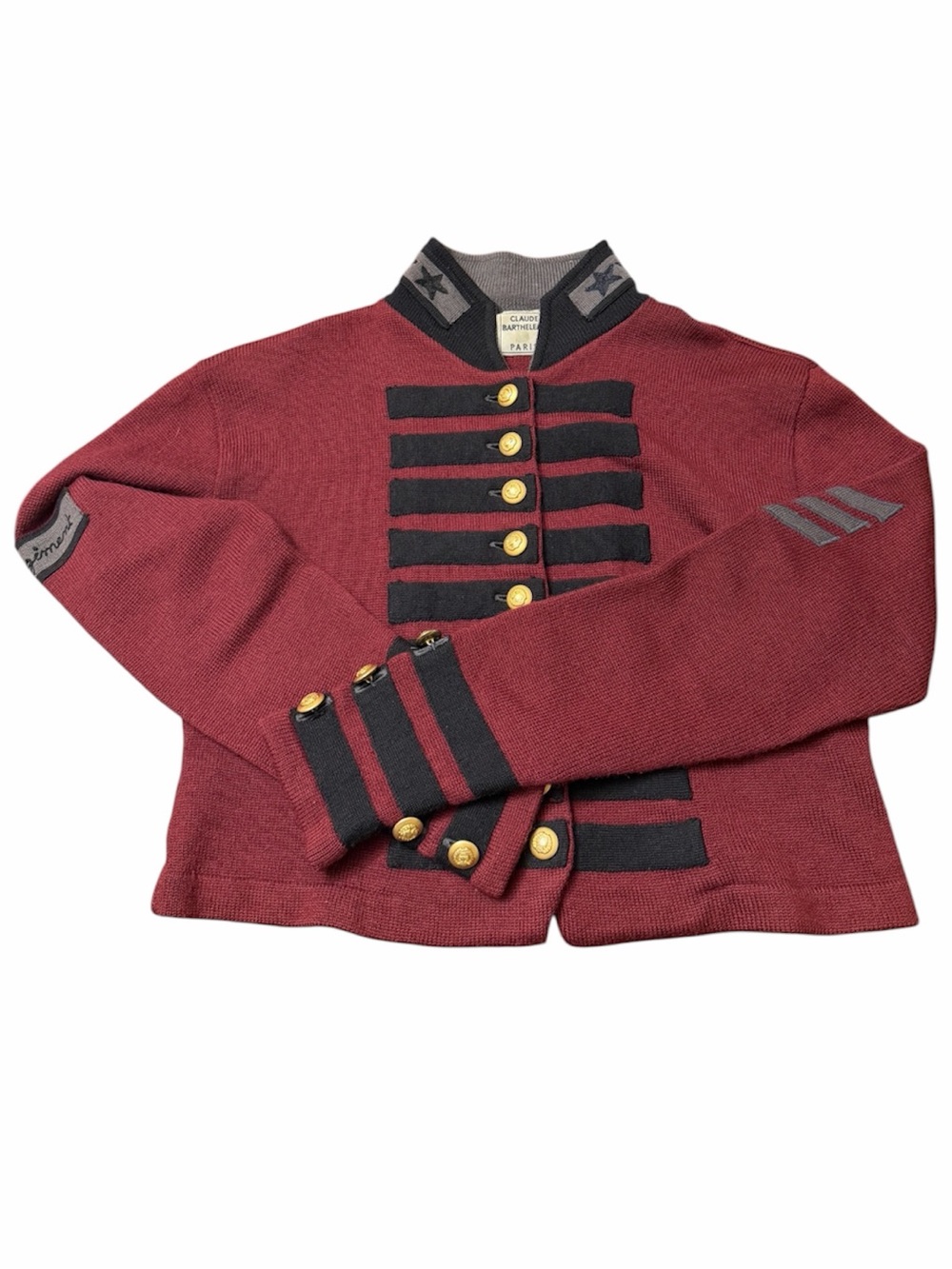 Vintage Claude Barthélémy Paris Military Hussar Knit Sweater Jacket Cropped Red - Picture 3 of 10